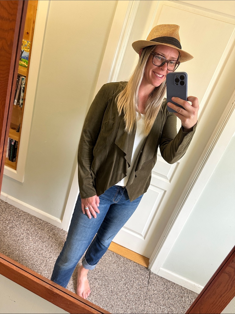 Kut from the Kloth Olive Faux Suede Waterfall Drape Open Jacket